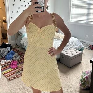 Yellow MANGO mini dress with pink polka dots